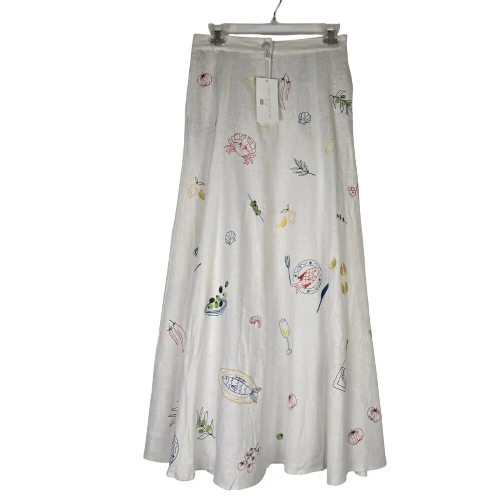 Caroline Constas Embroidered Off White Linen Blend Skirt 4 Maxi Length NEW - Picture 1 of 12